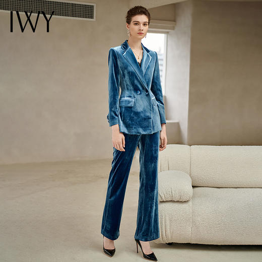 IWY/金丝绒蓝色长袖西装微喇长裤套装204013C1P3 商品图0