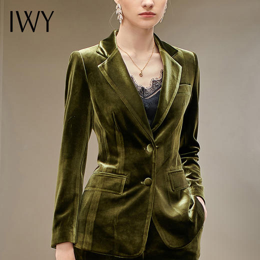 IWY/金丝绒橄榄绿长袖西装微喇长裤套装204012C1P3 商品图1
