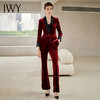 IWY/金丝绒酒红色长袖西装微喇长裤套装204015C1P3 商品缩略图0
