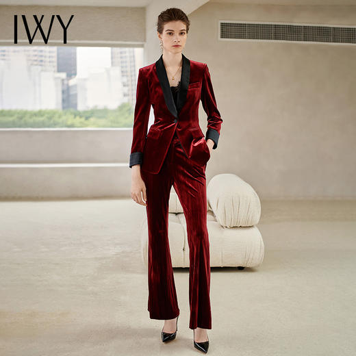IWY/金丝绒酒红色长袖西装微喇长裤套装204015C1P3 商品图0