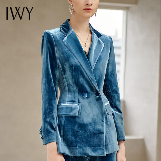 IWY/金丝绒蓝色长袖西装微喇长裤套装204013C1P3 商品图2