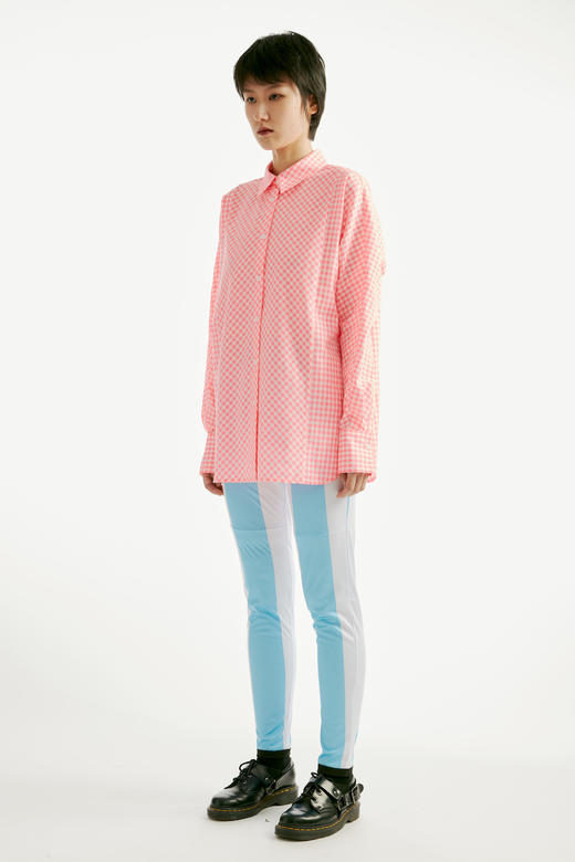 没边 尖领衬衣 白底荧光粉红 商品图0