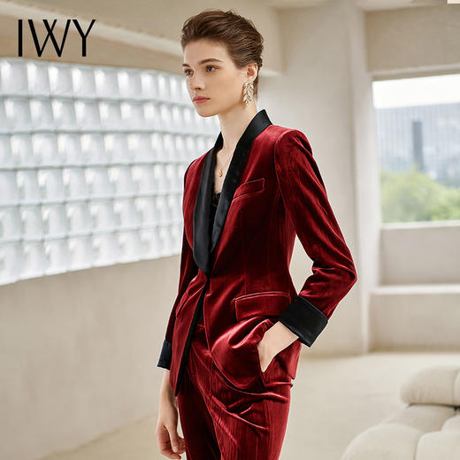 IWY/金丝绒酒红色长袖西装微喇长裤套装204015C1P3 商品图1
