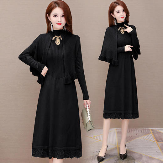 WH-JLNH-W8171-Y秋冬新款时尚气质蕾丝针织连衣裙两件套 商品图1