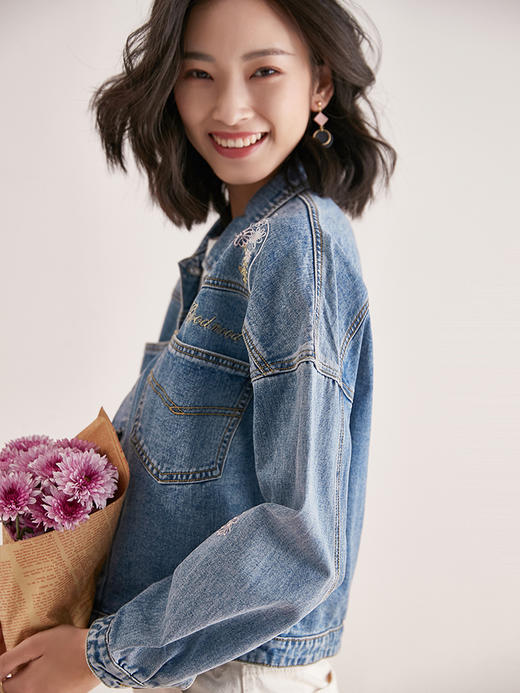 动物刺绣短款显腰落肩口袋长袖方领牛仔外套女 商品图1