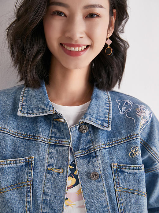 动物刺绣短款显腰落肩口袋长袖方领牛仔外套女 商品图2