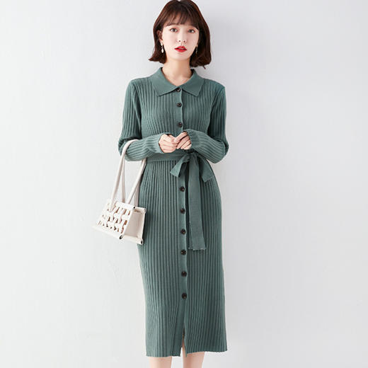 MD-68830024复古翻领针织连衣裙女装外贸中长款系带毛衣裙子 商品图1