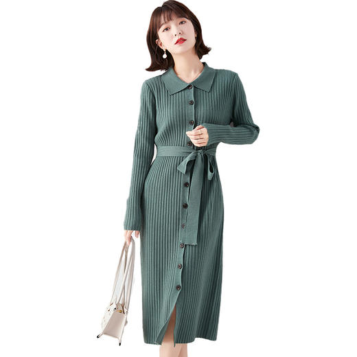 MD-68830024复古翻领针织连衣裙女装外贸中长款系带毛衣裙子 商品图4