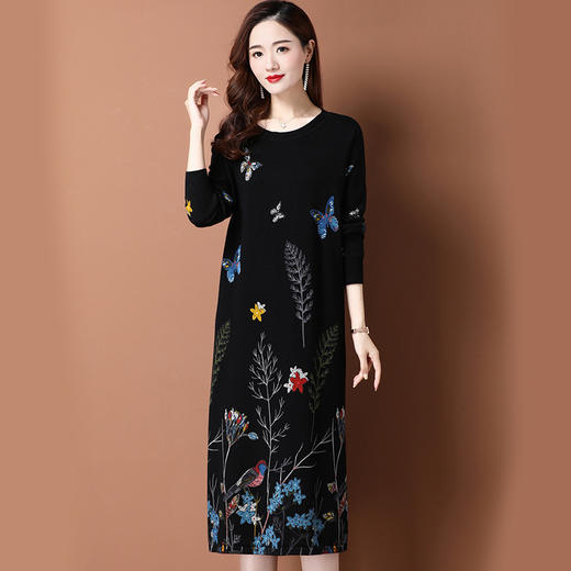 BY-9903秋冬加长款印花毛衣纯羊绒衫女过膝羊毛连衣裙 商品图2