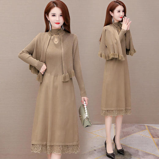 WH-JLNH-W8171-Y秋冬新款时尚气质蕾丝针织连衣裙两件套 商品图0