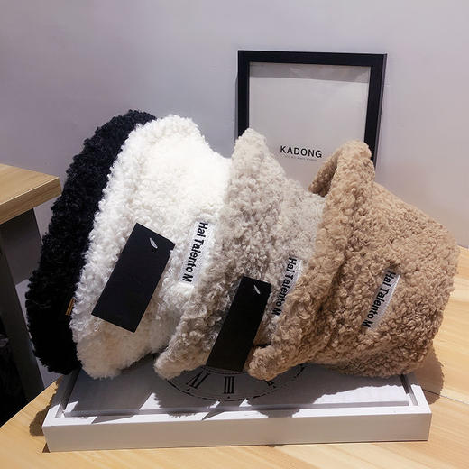 帽子女ins羊羔毛字母刺绣小檐渔夫帽秋冬季纯色保暖毛绒盆帽情侣 商品图0