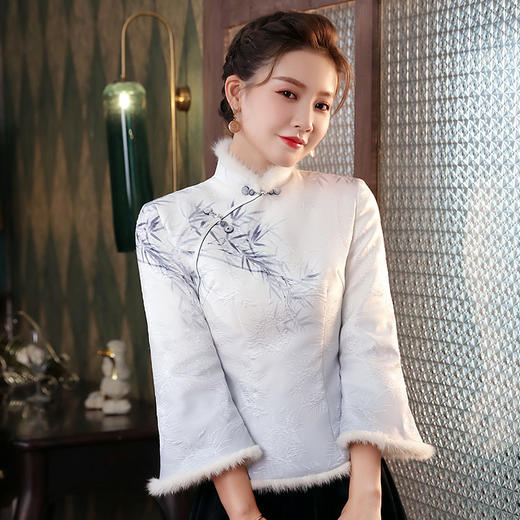 朵竹复古改良水貂毛定位提花夹棉旗袍上衣xgtt2447
