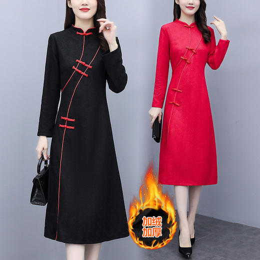 AHM-xxj5283新款中国风优雅气质加薄绒中长款蕾丝连衣裙TZF 商品图1