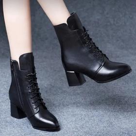 LN3888新款时尚气质尖头系带侧拉链加绒高跟中筒马丁靴