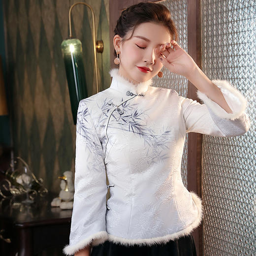 【朵竹】复古改良，水貂毛定位提花夹棉旗袍上衣XGT-T2447 商品图2