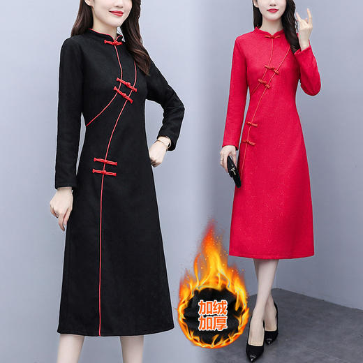 AHM-xxj5283新款中国风优雅气质加薄绒中长款蕾丝连衣裙TZF 商品图0