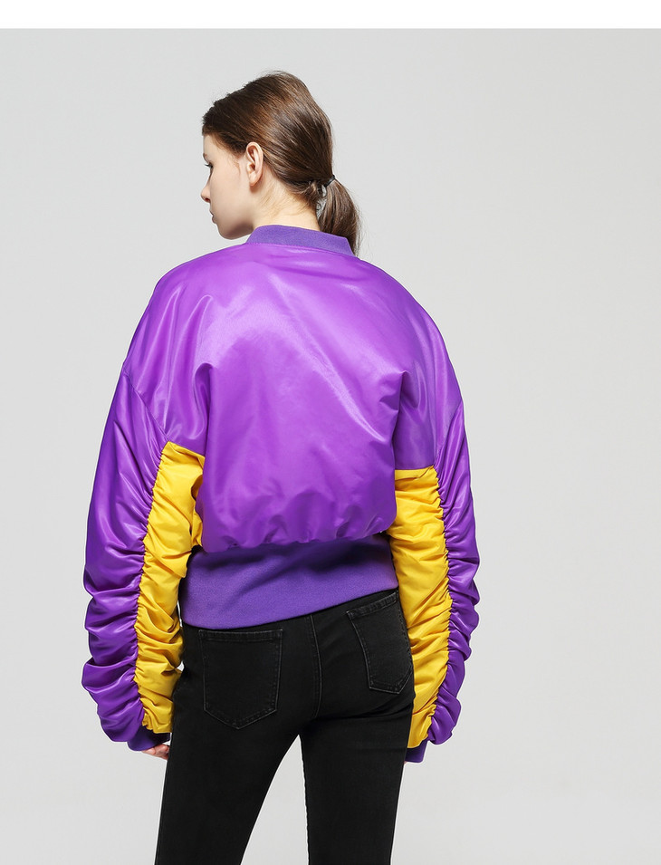 初语紫色棉服韩版宽松棒球领撞色拼接袖短棉衣8830842407