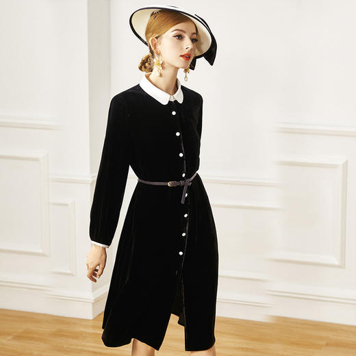 丁摩 配真皮腰带真丝丝绒连衣裙女打底裙娃娃领气质洋气蚕丝绒裙子20-211DW499 商品图3