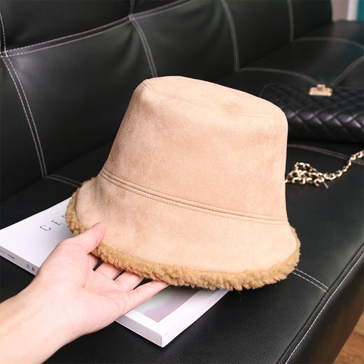 新款秋冬天百搭网红加绒羊羔毛渔夫帽子韩版鹿皮绒保暖防寒盆帽女七夕情人节 商品图3