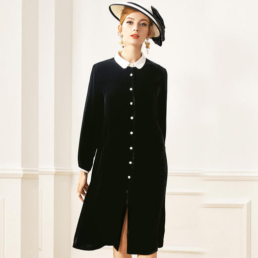 丁摩 配真皮腰带真丝丝绒连衣裙女打底裙娃娃领气质洋气蚕丝绒裙子20-211DW499 商品图4