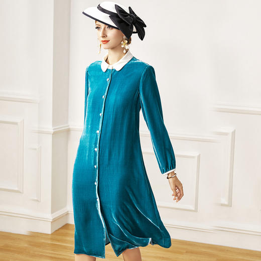 丁摩 配真皮腰带真丝丝绒连衣裙女打底裙娃娃领气质洋气蚕丝绒裙子20-211DW499 商品图6