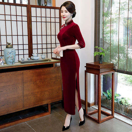 QQ-888纯色改良时尚潮人金丝绒长款旗袍连衣裙中国风妈妈装礼服 商品图2