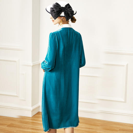 丁摩 配真皮腰带真丝丝绒连衣裙女打底裙娃娃领气质洋气蚕丝绒裙子20-211DW499 商品图9