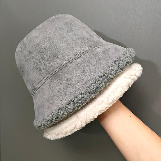 新款秋冬天百搭网红加绒羊羔毛渔夫帽子韩版鹿皮绒保暖防寒盆帽女七夕情人节 商品图0