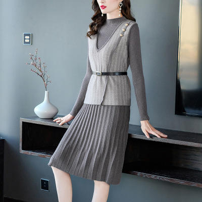 YM- 9175# 针织百褶裙+马甲背心两件套女秋冬2020新款轻奢 商品图4