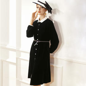 丁摩 配真皮腰带真丝丝绒连衣裙女打底裙娃娃领气质洋气蚕丝绒裙子20-211DW499