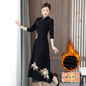 QYXL-1605加绒改良旗袍女中长款中国风复古刺绣加厚祺袍连衣裙
