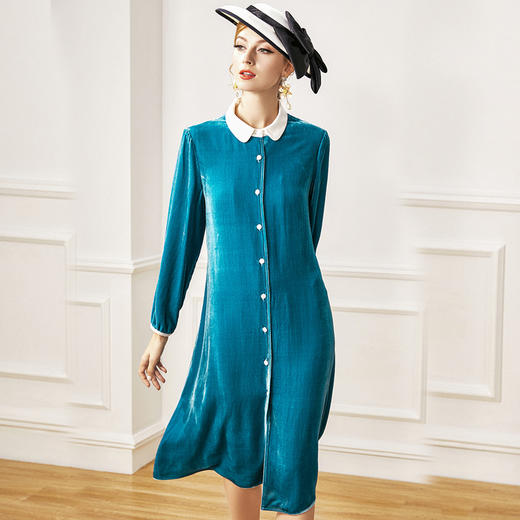 丁摩 配真皮腰带真丝丝绒连衣裙女打底裙娃娃领气质洋气蚕丝绒裙子20-211DW499 商品图5