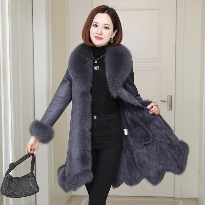 冬季时尚兔毛外套女中长款 欧美拼接狐狸毛领长外套女式皮草
