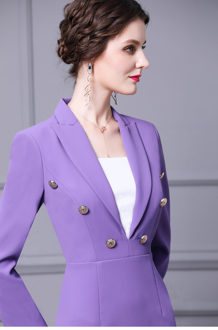 zlwx538法式小众收腰连衣裙秋装紫色气质西装领长袖打底裙子