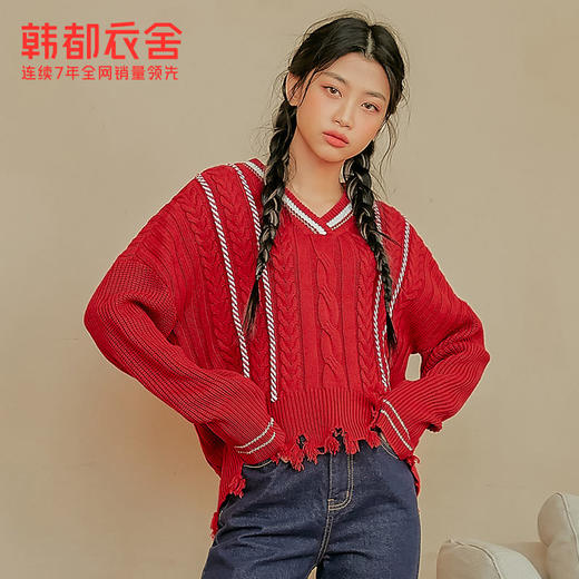 韩都衣舍新年毛衣红色女2021春新款V领宽松慵懒针织衫RE7448 商品图2
