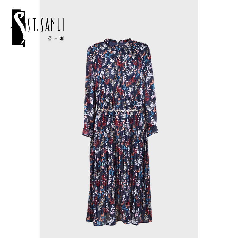 圣三利女装印花皱褶连衣裙SL1937104