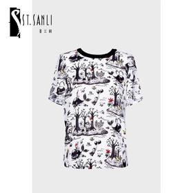 圣三利女装  时尚运动趣味雪纺印花Polo上衣SL2012133