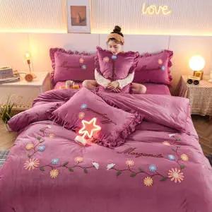 PDD-韩版高档牛奶绒四件套水晶绒加厚加绒保暖珊瑚绒纯色法莱绒公主风 商品图4