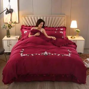 PDD-韩版高档牛奶绒四件套水晶绒加厚加绒保暖珊瑚绒纯色法莱绒公主风 商品图13