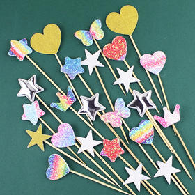 多色星/心形 大小组合纸片插件 蛋糕饰品插件 星星爱心混合7入  塑料杆/竹签随机发