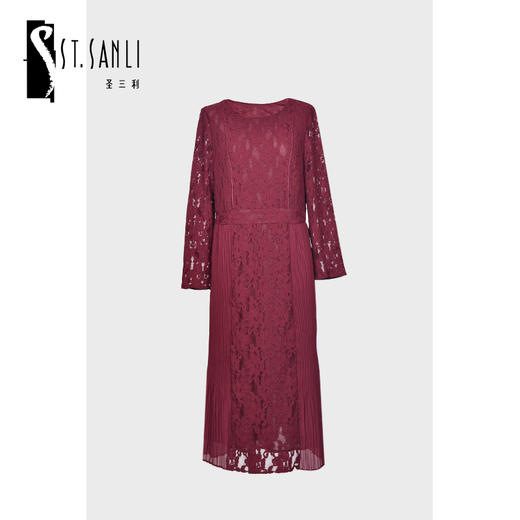 圣三利女装 新品优雅蕾丝拼接压褶长款连衣裙SL2037124 商品图0