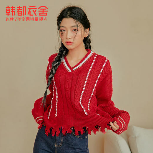 韩都衣舍新年毛衣红色女2021春新款V领宽松慵懒针织衫RE7448 商品图4