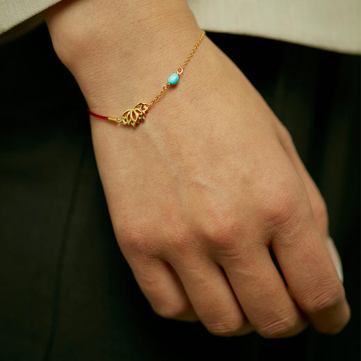 醍醐 莲花红绳手链 925银镀金 天然原矿松石 商品图3