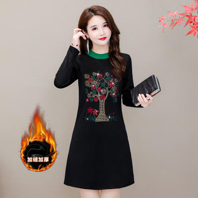 HT-320-1338 2020秋冬新款加绒加厚打底衫中长款大码显瘦烫钻洋气连衣裙 商品图3