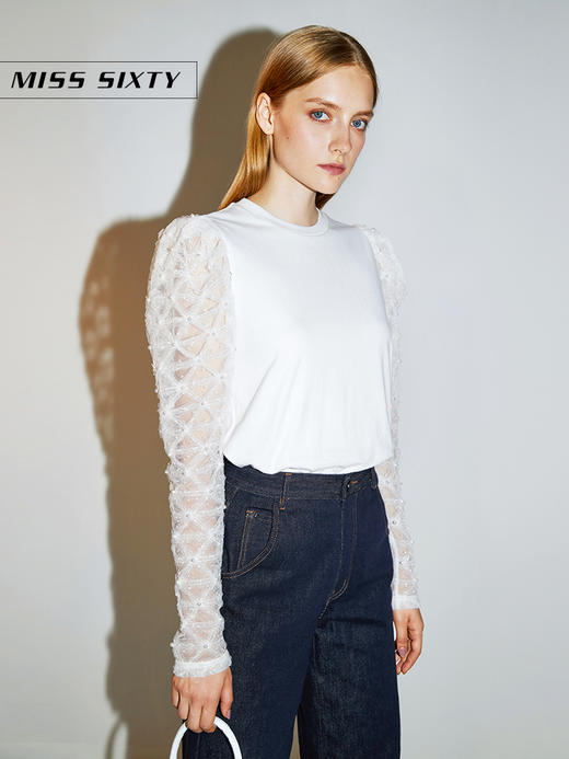 Miss Sixty2020冬季新款拼接珍珠纱上衣长袖T恤女604SJ3510000 商品图3