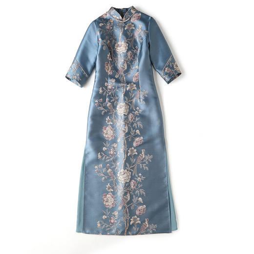 上海旗袍厂AYK-QF-201018提花定位花鸟改良旗袍连衣裙七分袖国风长款旗袍裙 商品图4