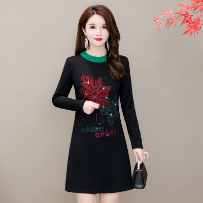 HT-320-1338 2020秋冬新款加绒加厚打底衫中长款大码显瘦烫钻洋气连衣裙 商品图1