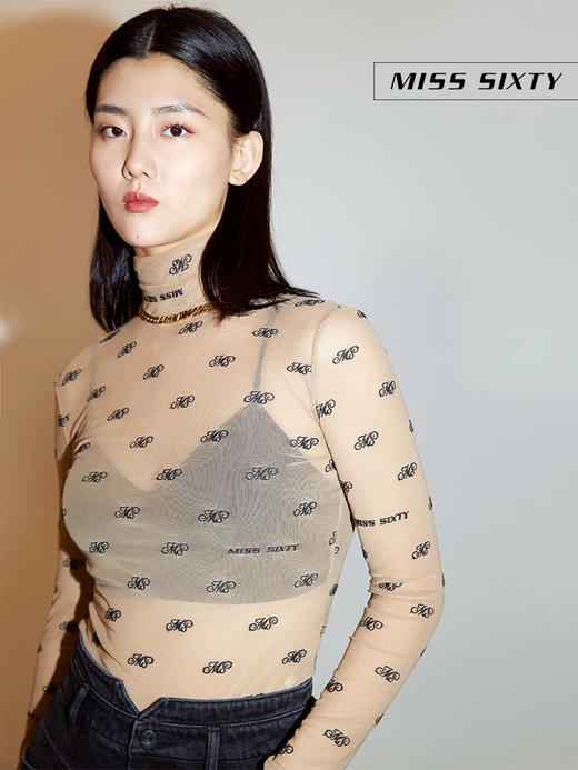 Miss Sixty2020冬季新款高领薄款绣花网纱长袖T恤女604SJ3420000 商品图3
