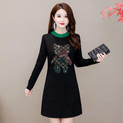 HT-320-1338 2020秋冬新款加绒加厚打底衫中长款大码显瘦烫钻洋气连衣裙 商品图2