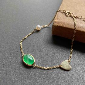 高冰种阳绿翡翠蛋面手链18k黄金镶嵌